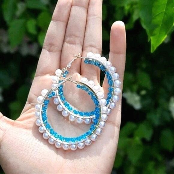 💖2/$30 Gold tone boho hoop pearl blue turquoise beaded coquette chunky earrings - Picture 10 of 17